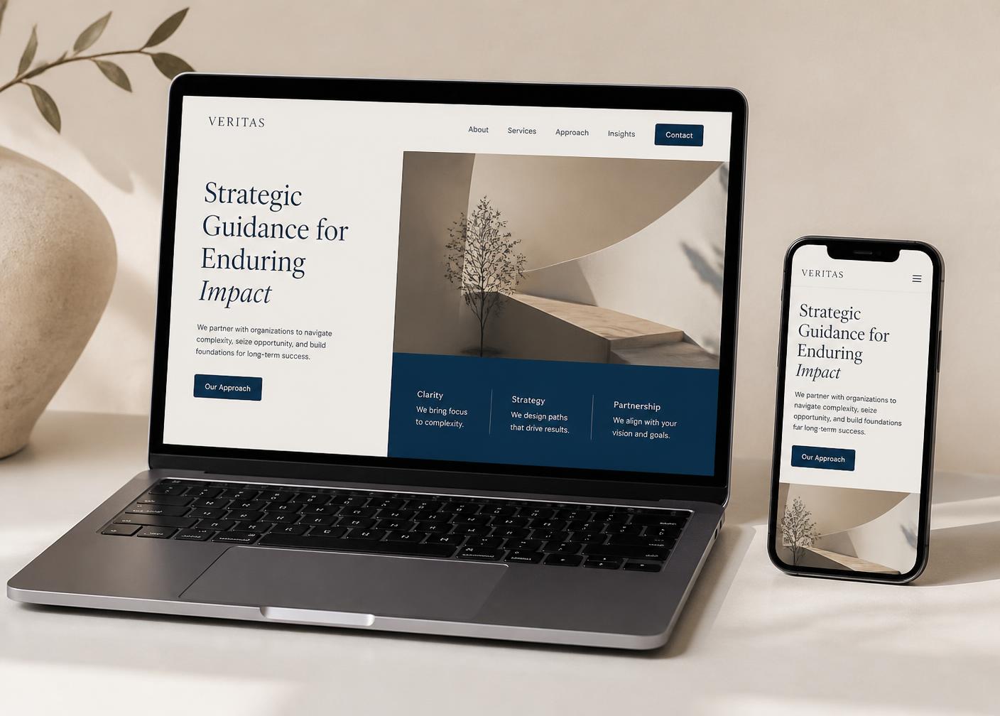 A KlearSite-designed website shown on a laptop and phone, demonstrating a responsive modern layout